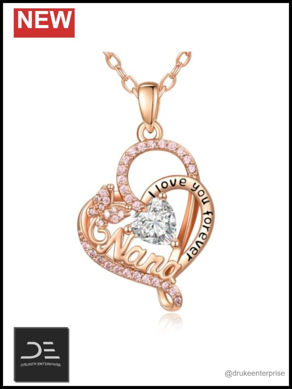 Rose Gold Diamond Necklace Heart Pendant Grandma Gift Adjustable Chain